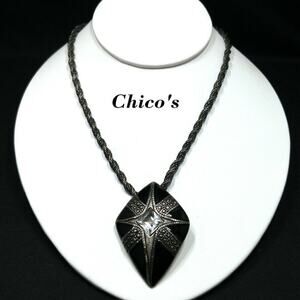 Chico's Black Enamel Rhinestone Pendant Necklace, Silver Plated, 19 Inches